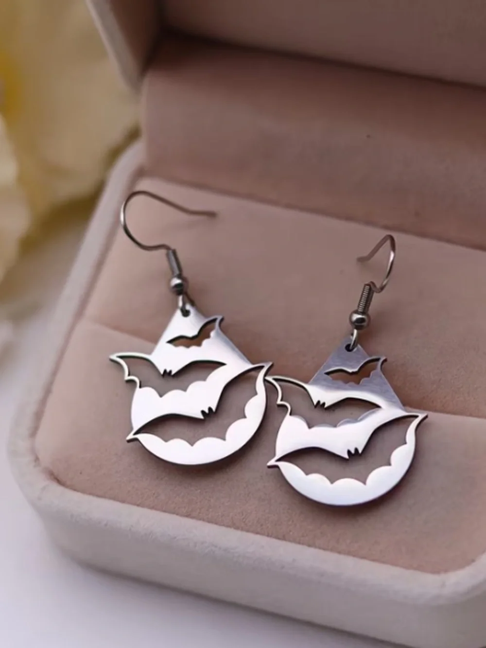 Silver Bat Rain Drop Shape Dangle Earrings